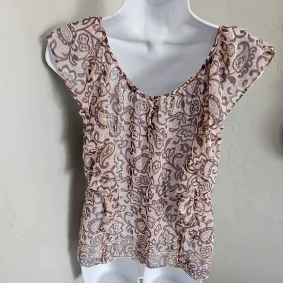 American Eagle Women's Small Pink Purple Taupe Paisley Chiffon Blouse Top Boho - Picture 4 of 7